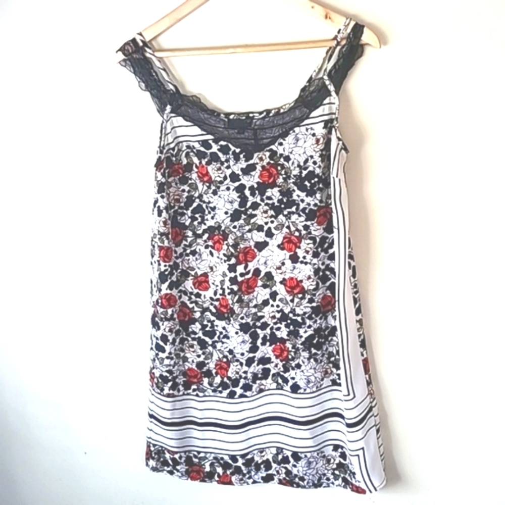 Spaghetti Strap Floral Breezy Mixed Print Lace Trimmed Artsy Dress Coastal SZ6